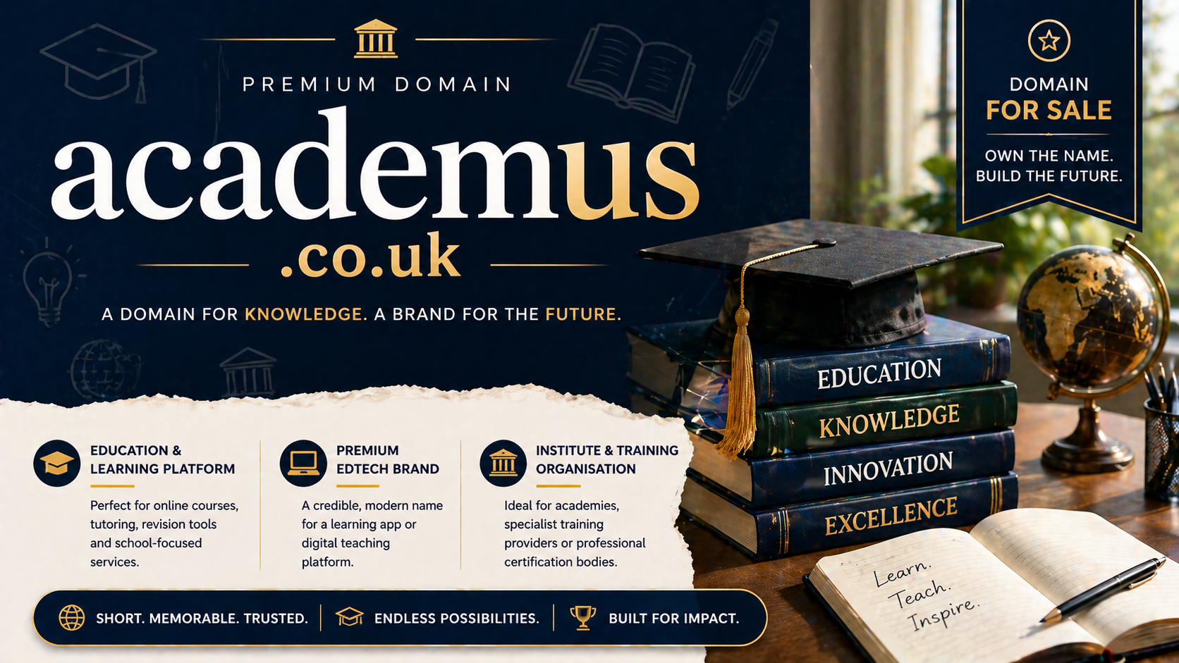 Promo banner featuring the domain academus.co.uk with academic books, graduation cap and globe, in a premium navy and gold education-style layout.