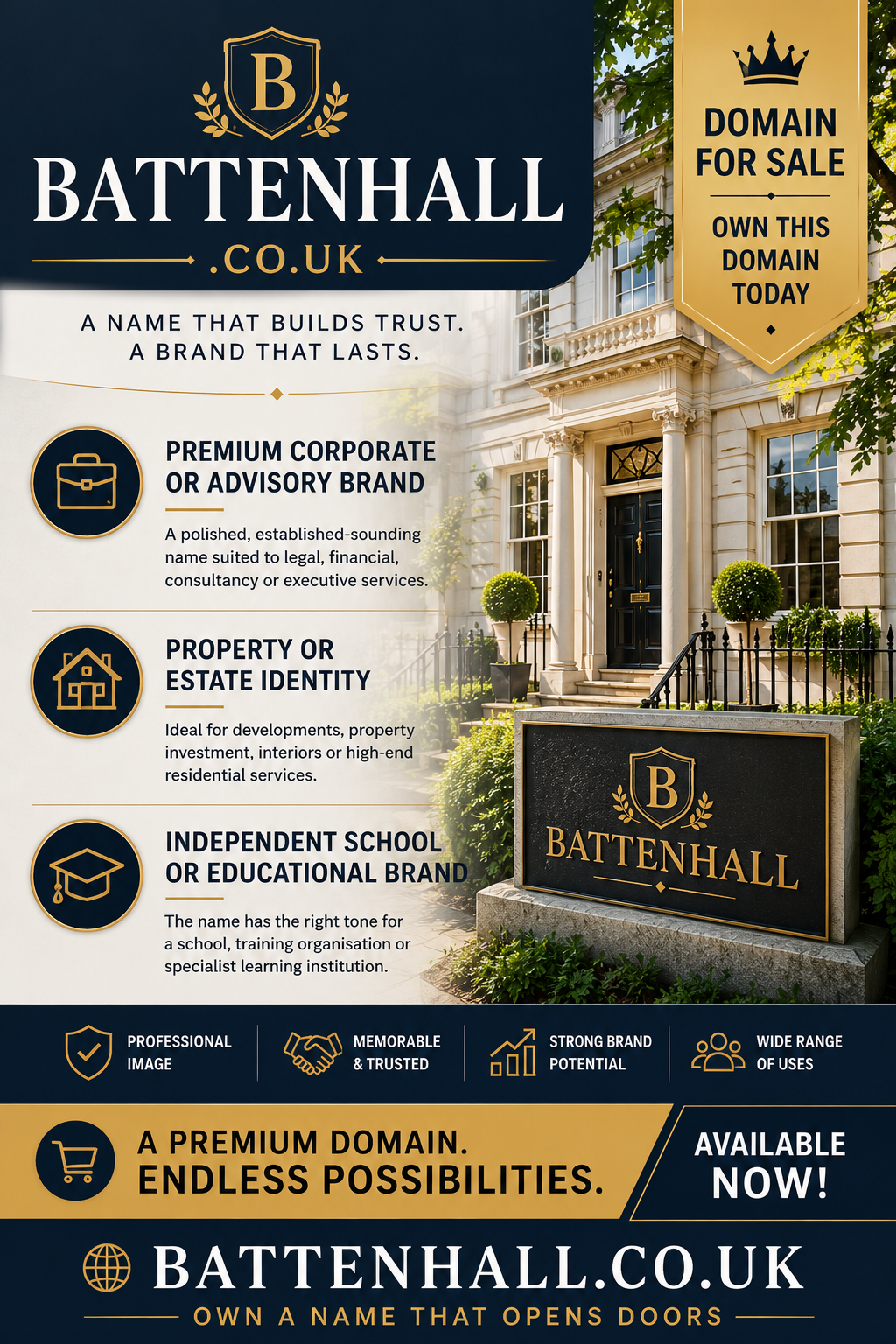 Promotional banner featuring battenhall.co.uk with luxury property frontage and corporate branding icons. Style: premium elegant.