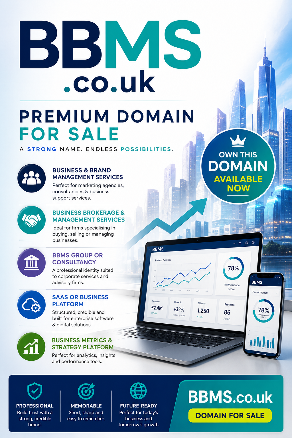 Promotional graphic featuring the domain BBMS.co.uk with corporate icons, analytics visuals and modern blue branding. Style: sleek professional.