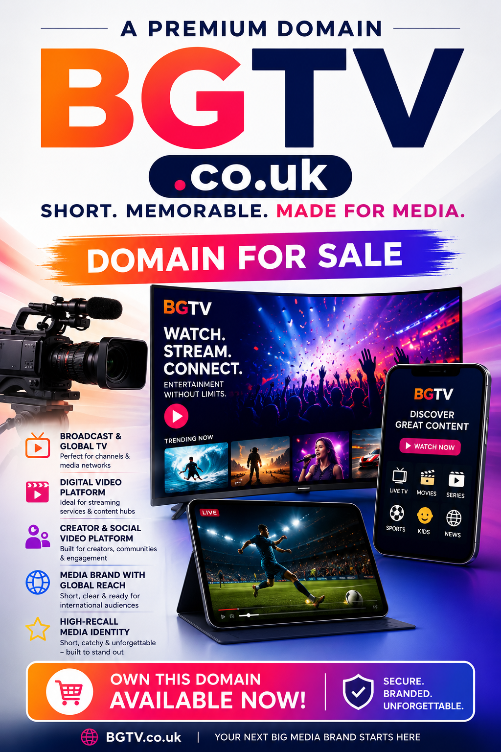 Promotional graphic for BGTV.co.uk with streaming screens, camera gear and bold media branding. Style: bright modern tech.