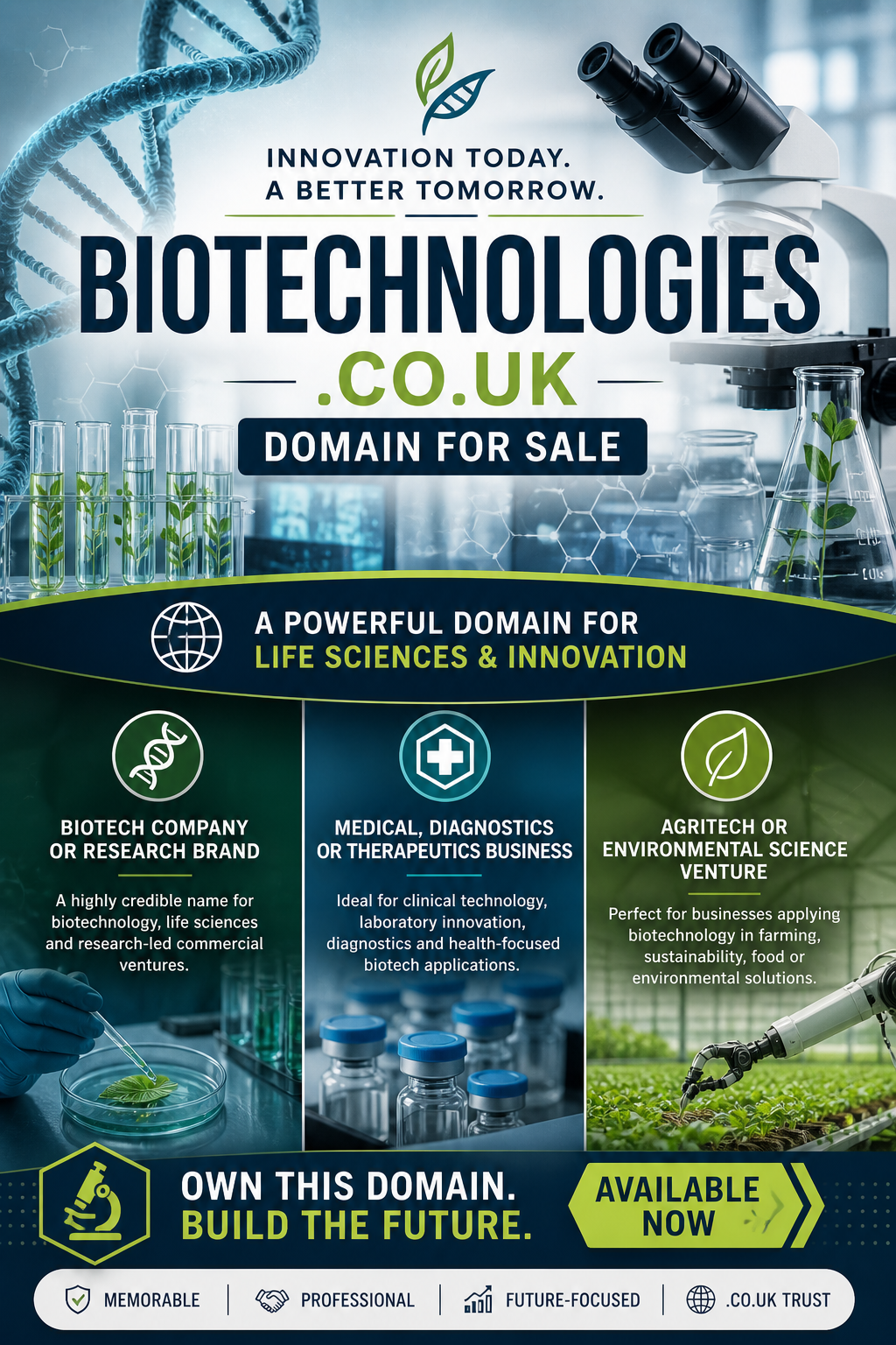 Promotional graphic featuring the domain biotechnologies.co.uk, shown with DNA strand and lab equipment. Style: clean, futuristic