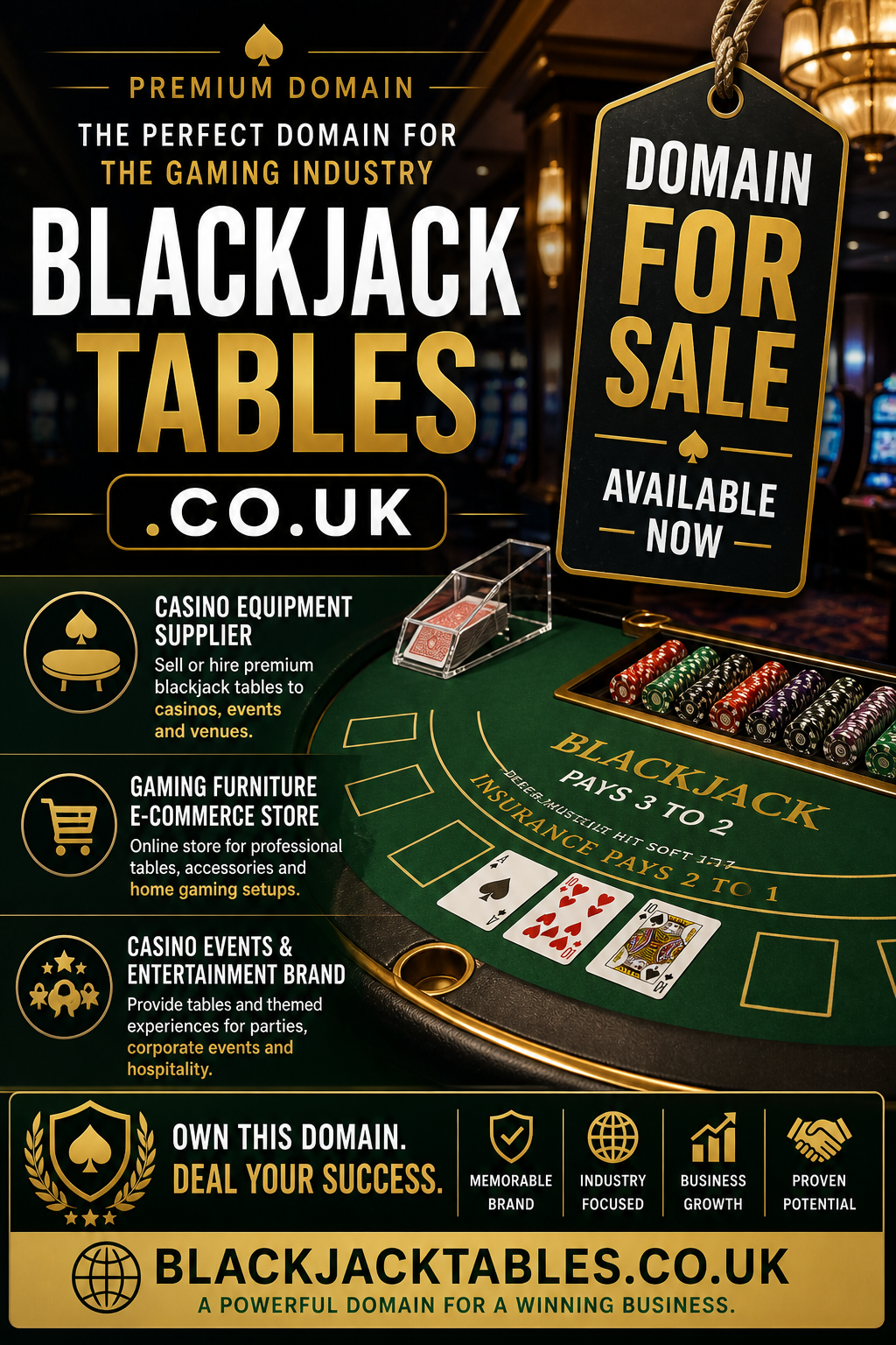 Promotional graphic featuring the domain blackjacktables.co.uk, shown with casino table and playing cards. Style: bold, premium