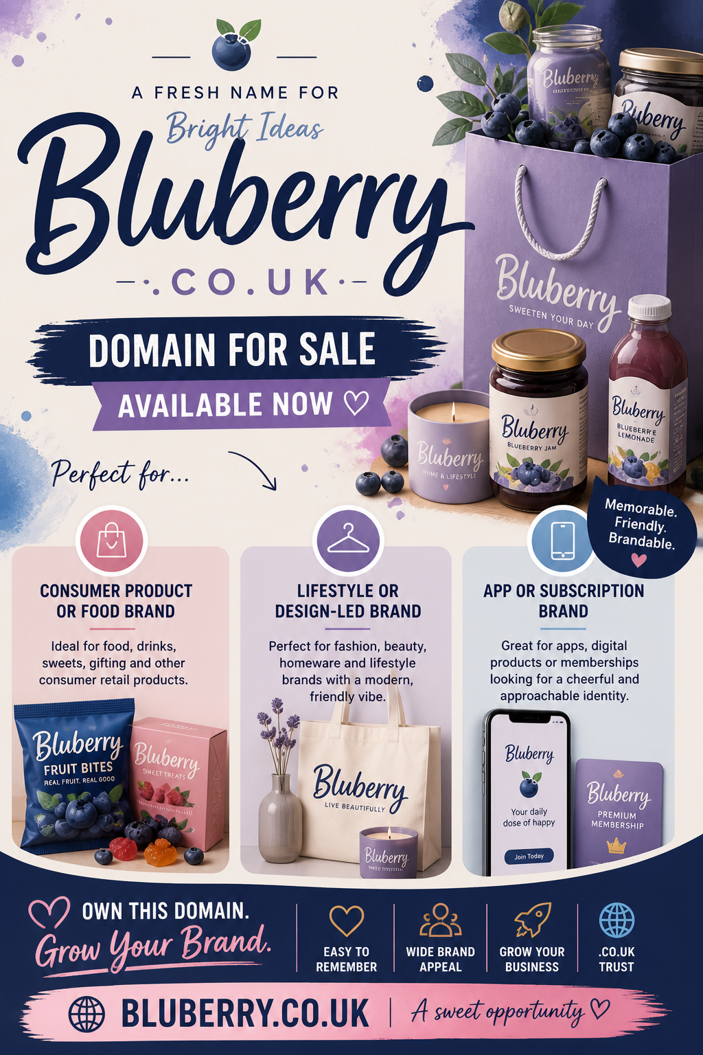 Promotional graphic featuring the domain bluberry.co.uk, shown with product packaging and blueberries. Style: playful, modern