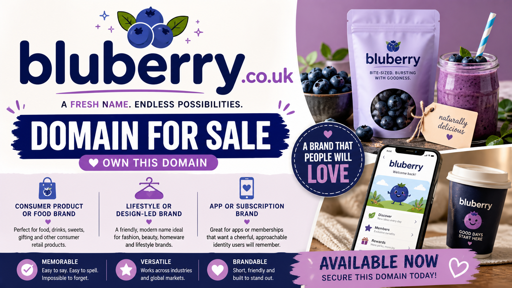 Promotional graphic featuring the domain bluberry.co.uk, shown with blueberries and product branding. Style: bright playful modern.