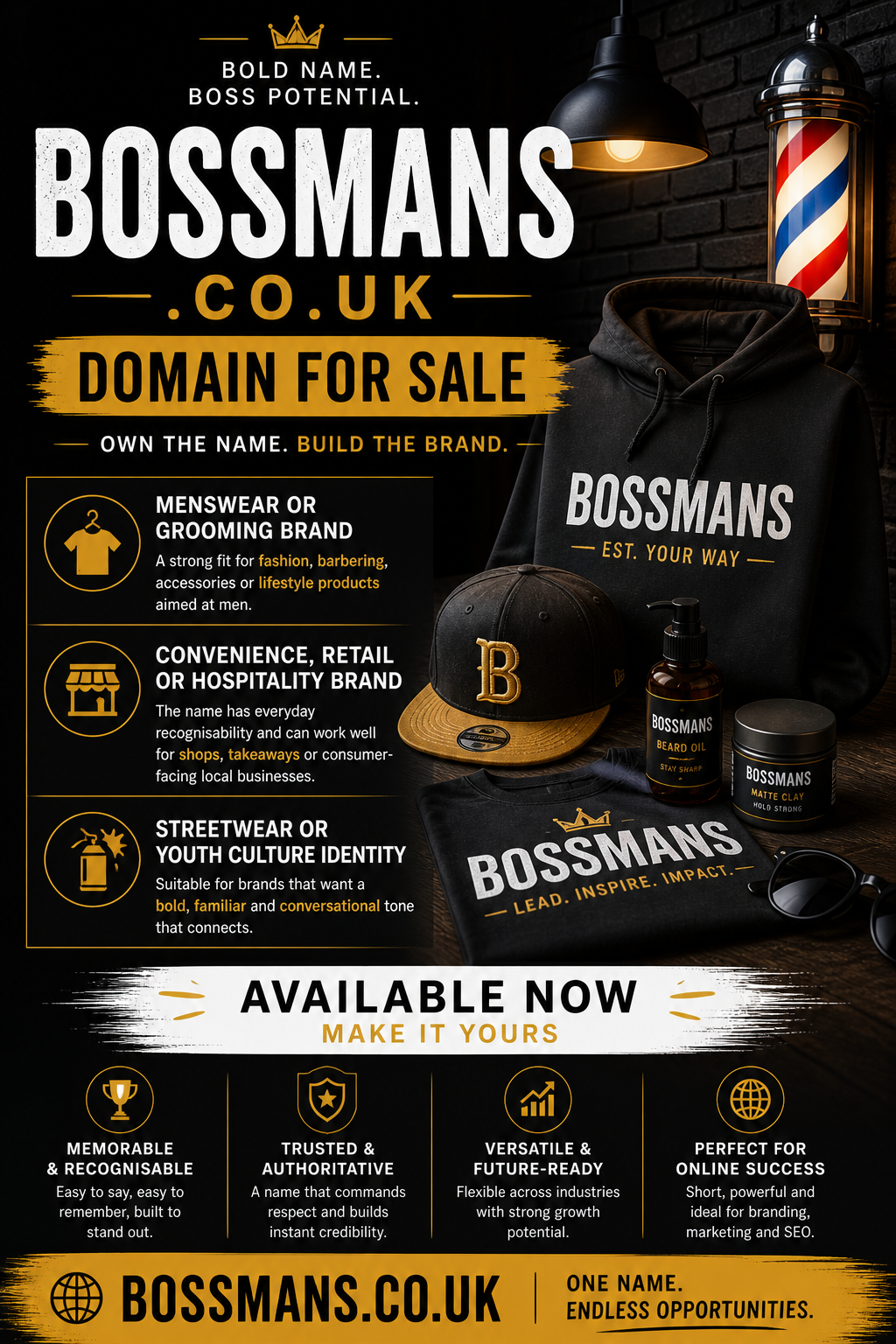 Promotional graphic featuring the domain bossmans.co.uk, shown with streetwear hoodie and barber pole. Style: bold urban branding.
