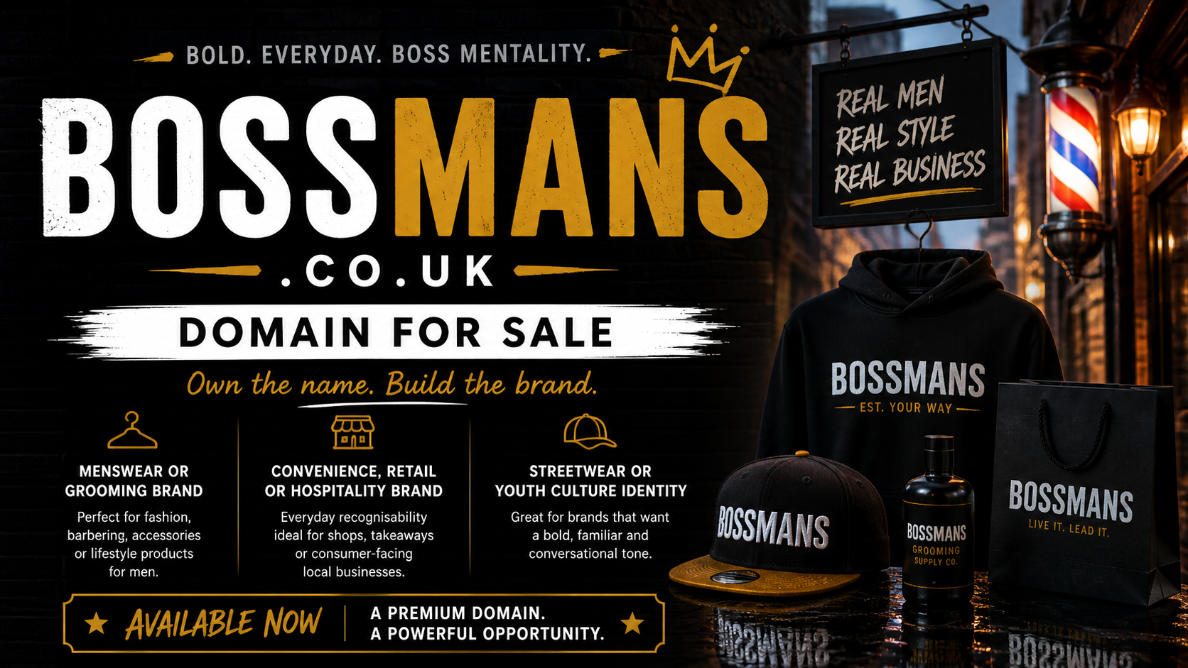 Promotional graphic featuring the domain bossmans.co.uk, shown with streetwear hoodie and barber pole. Style: bold urban branding.