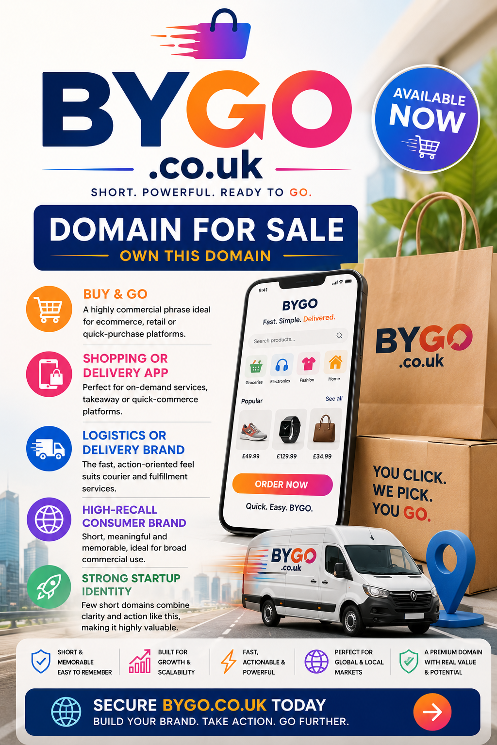 Promotional graphic featuring the domain BYGO.co.uk with ecommerce, delivery and startup visuals. Style: bright modern commercial.