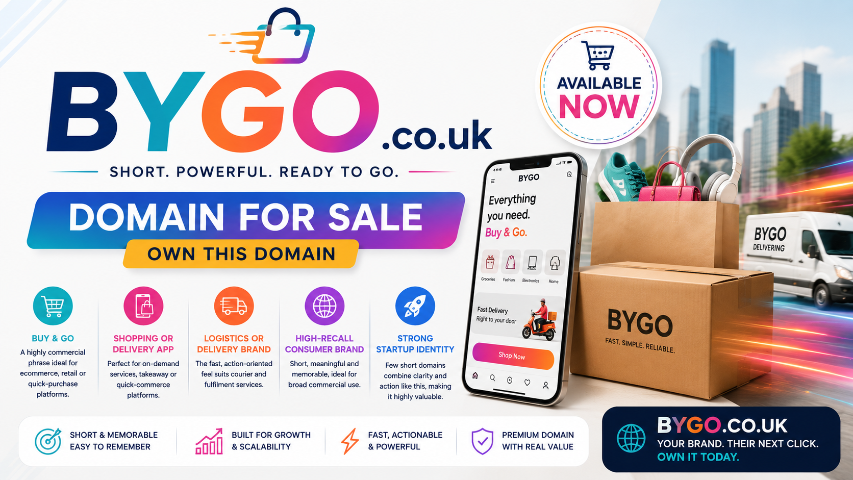 Promotional graphic featuring the domain BYGO.co.uk with ecommerce, delivery and startup visuals. Style: bright modern commercial.