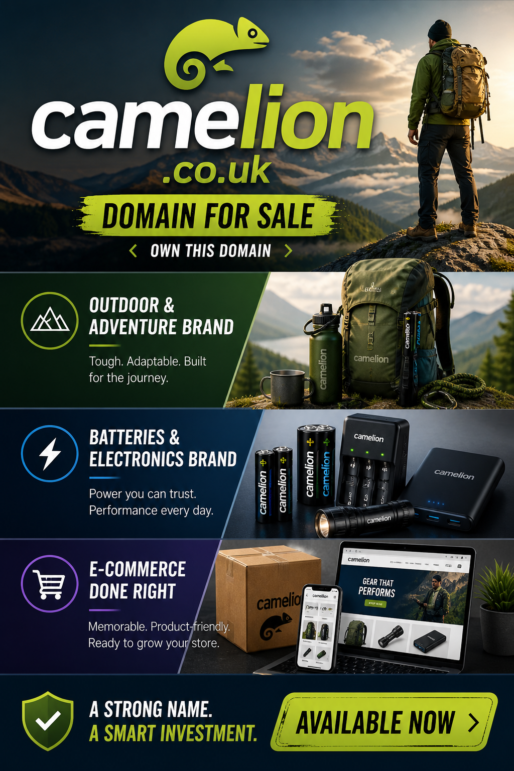 Promotional banner featuring the domain camelion.co.uk, shown with outdoor hiker and battery devices. Style: bold modern split-panel