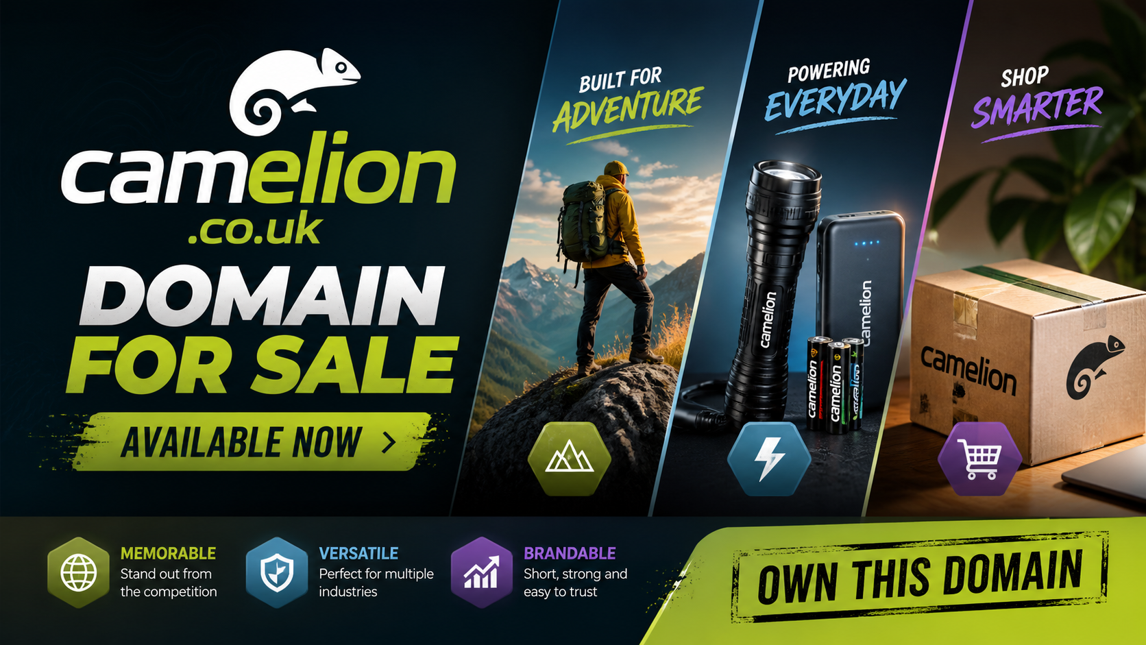 Promotional banner featuring the domain camelion.co.uk, shown with outdoor hiker and battery devices. Style: bold modern split-panel