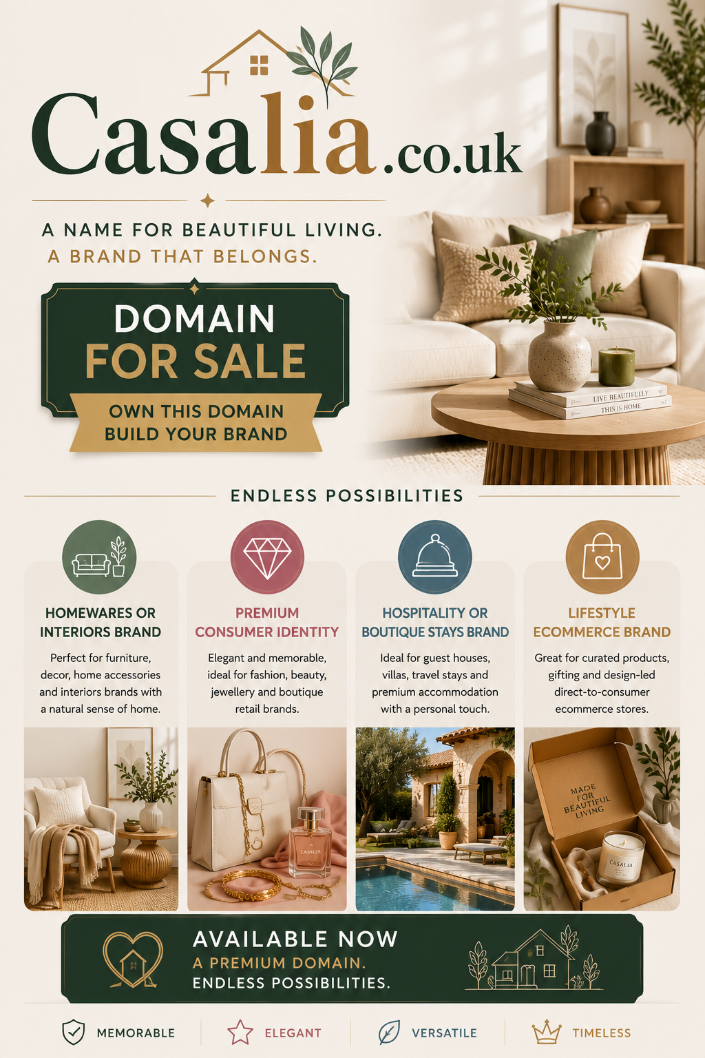 Promotional graphic featuring the domain Casalia.co.uk with luxury interior d�cor, boutique lifestyle styling and for-sale branding. Style: elegant modern home and lifestyle branding.