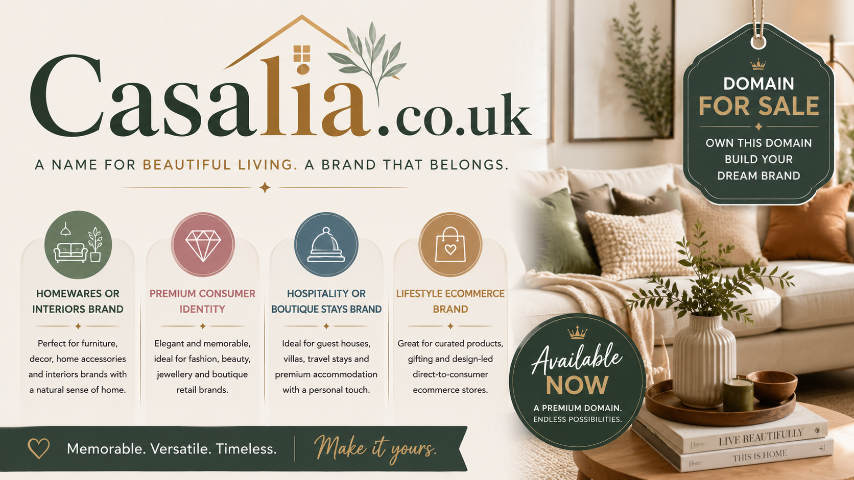 Promotional graphic featuring the domain Casalia.co.uk with luxury interior d�cor, boutique lifestyle styling and for-sale branding. Style: elegant modern home and lifestyle branding.