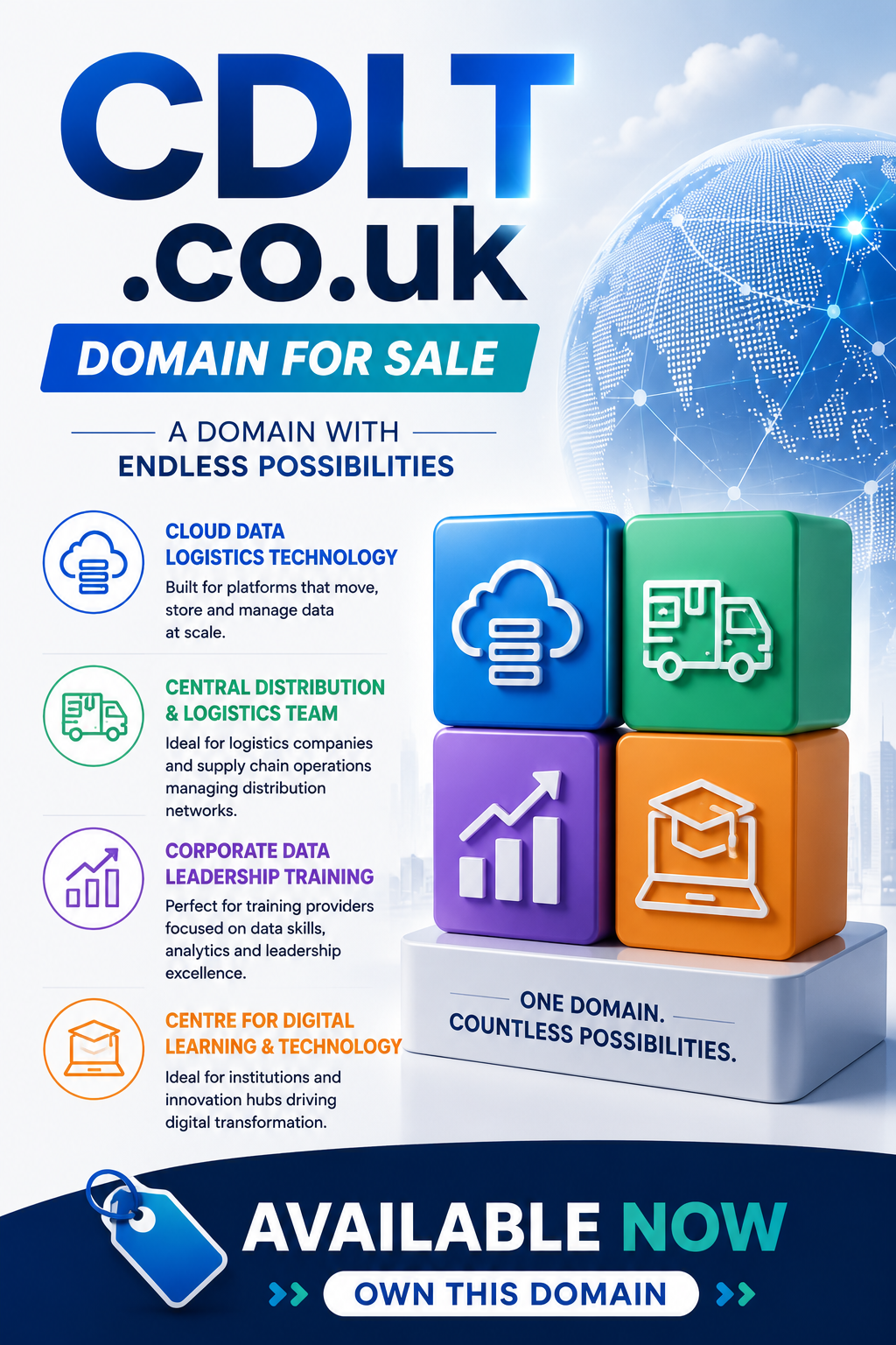 Promotional graphic featuring the domain CDLT.co.uk, shown with a connected digital globe and logistics container. Style: modern technology branding.