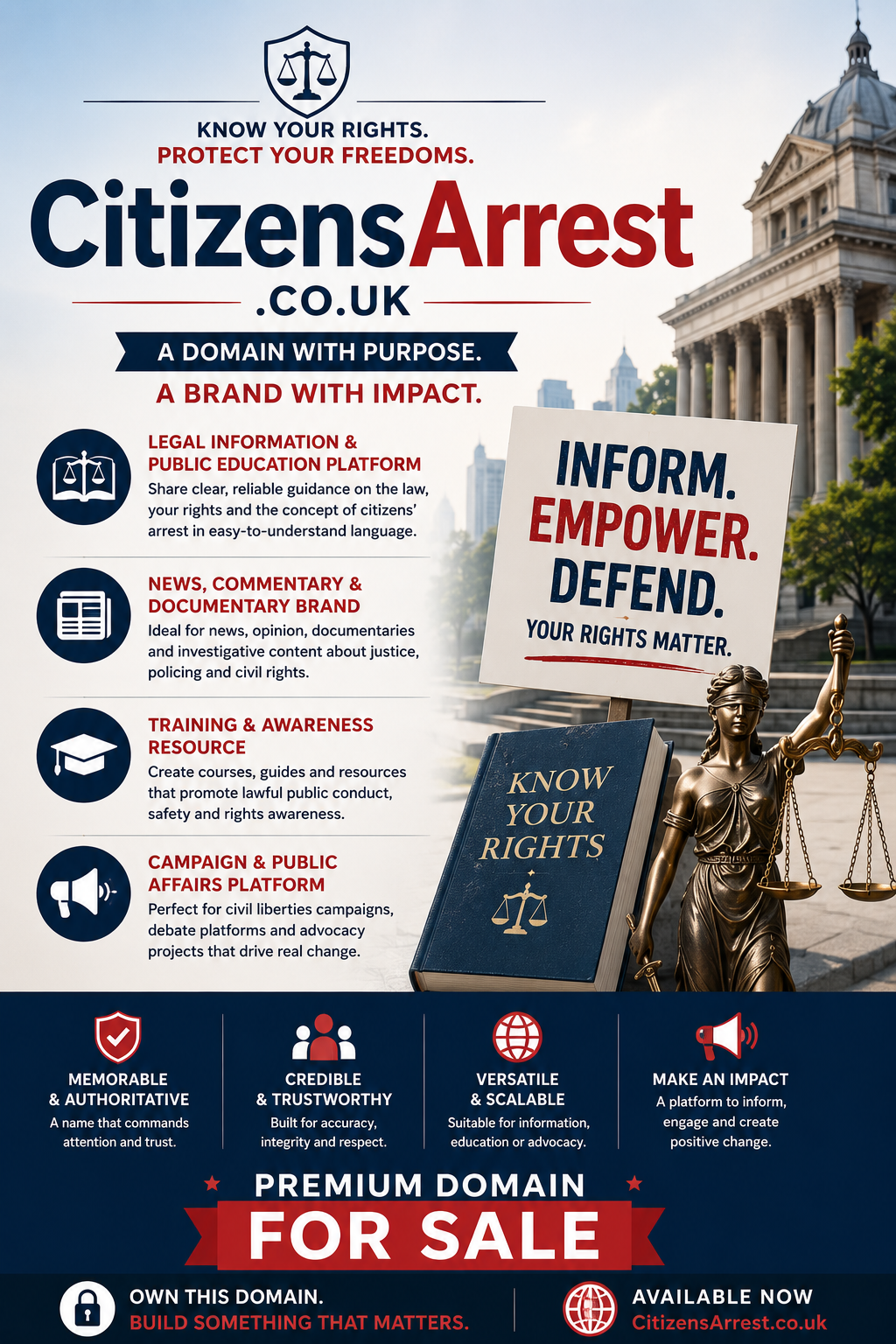 Promotional graphic featuring the domain CitizensArrest.co.uk, shown with legal scales, civic rights imagery and public education themes. Style: professional, authoritative and informative.