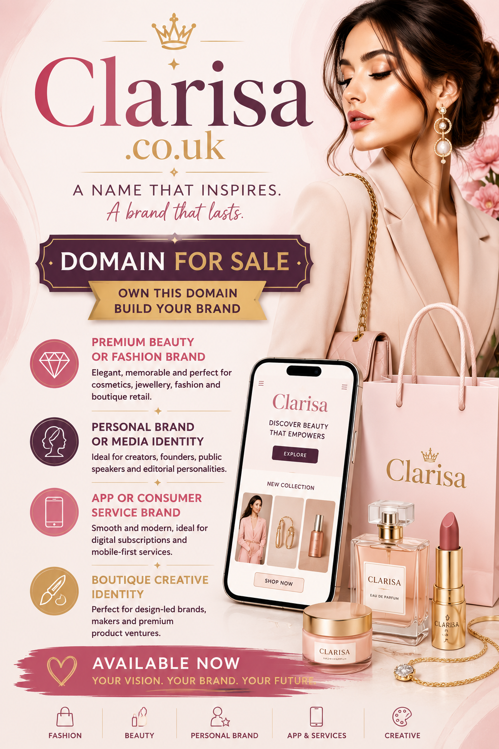 Promotional graphic featuring the domain Clarisa.co.uk with fashion model, mobile app mockup and luxury beauty products. Style: elegant premium branding.