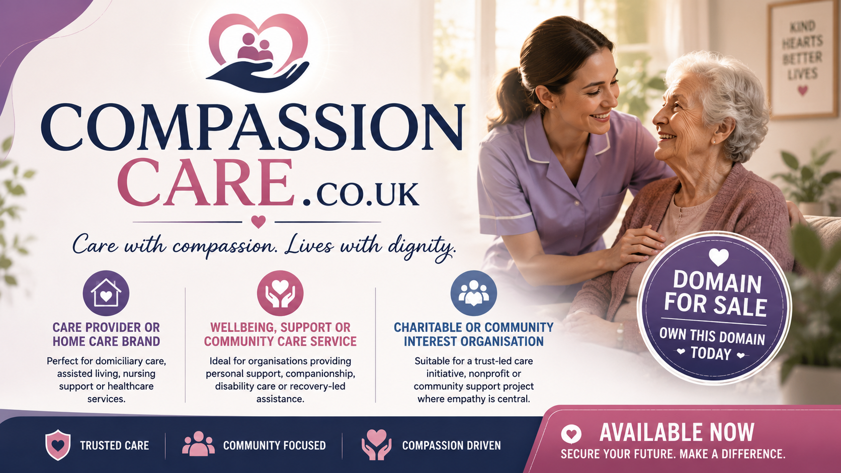 Promotional banner featuring compassioncare.co.uk with caring hands, healthcare imagery and wellbeing icons. Style: warm professional.