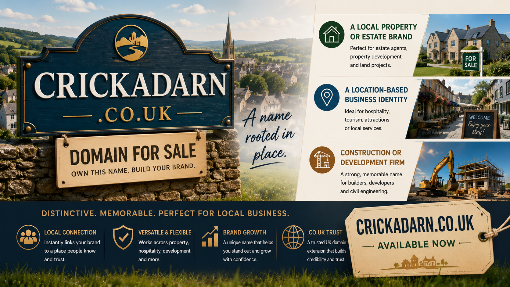 Property-themed graphic for crickadarn.co.uk with countryside development visuals, location branding and construction imagery.